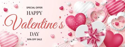 Valentine's day sale banner with 3D hearts and gift box. Vector illustration