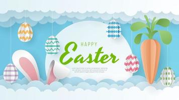 Happy Easter background with eggs, carrot, and bunny. Paper Art. Vector Illustration.