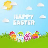 Happy Easter banner with eggs, cloud and grass. Paper Art. Vector Illustration.