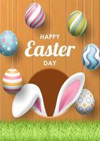 Happy Easter background with realistic painted eggs, grass, and rabbit ears. Vector illustration