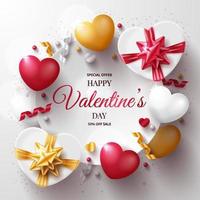 Valentine's day sale background with 3D hearts, love arrow and gift box. Vector illustration