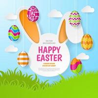 Happy Easter background with eggs, grass and bunny shaped. Paper Art. Vector Illustration.