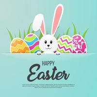 feliz pancarta de pascua con conejito, huevos y hierba. arte de papel ilustración vectorial vector