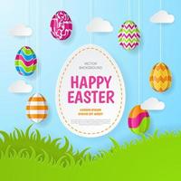 Happy Easter background with eggs, grass, cloud and egg shaped. Paper Art. Vector Illustration.