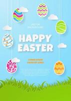 Happy Easter poster template with eggs, cloud and grass. Paper Art. Vector Illustration.