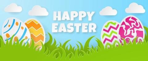 Happy Easter banner with eggs, cloud and grass. Paper Art. Vector Illustration.