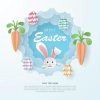 Happy Easter background with eggs, carrot, and bunny. Paper Art. Vector Illustration.