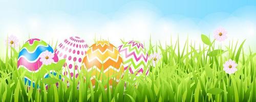 Happy Easter background with realistic painted eggs, grass, flowers. Vector illustration