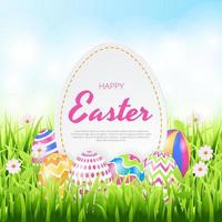 Happy Easter background with realistic painted eggs, grass, flowers. Vector illustration