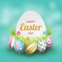 Happy Easter background with realistic painted eggs, grass, flowers. Vector illustration