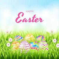 Happy Easter background with realistic painted eggs, grass, flowers. Vector illustration