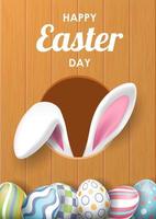 Happy Easter background with realistic painted eggs and rabbit ears. Vector illustration