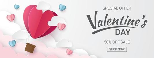 Valentine's Day sale banner. Paper cut style. Vector illustration