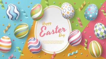 Happy Easter background with realistic painted eggs. Vector illustration