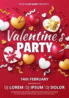 Valentine's day poster template with 3D hearts, love arrow and gift box. Vector illustration