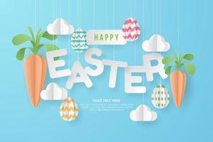 Happy Easter background with eggs, carrot and cloud. Paper Art. Vector Illustration.