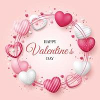 Valentine's day background with 3D hearts and gift box. Vector illustration