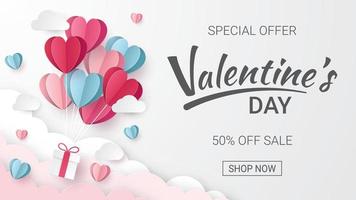 Valentine's Day sale banner. Paper cut style. Vector illustration