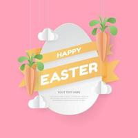 Happy Easter greeting card with eggs, carrot, dan clouds. Paper Art. Vector Illustration.