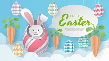 Happy Easter background with eggs, carrot, and bunny. Paper Art. Vector Illustration.