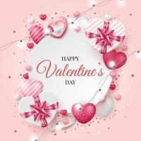 Valentine's day background with 3D hearts and gift box. Vector illustration