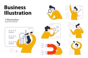 Business illustration concept. set of scenes of men with yellow shirts involved in business development. vector illustration