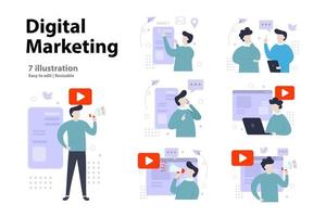 Digital marketing illustration concept. A collection of scenes of men involved in digital marketing. vector illustration