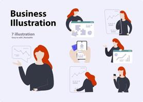 Business illustration concept. set of scenes of women in black shirts involved in business development. vector illustration