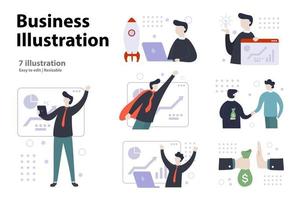 Business illustration concept. A collection of scenes of men involved in business development, success, corruption. vector illustration