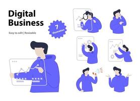 concepto de ilustración de negocios digitales. conjunto de escenas de hombres con suéter azul involucrados en negocios digitales vector