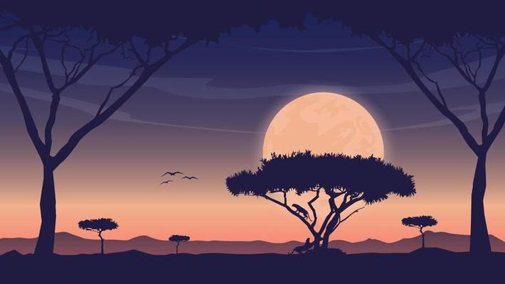 Hand Drawn Flat Sunset Wildlife Landscape with tigers Climbing Tree
