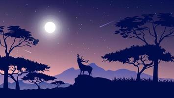 nature midnight with deer and mountains background in flat design vector