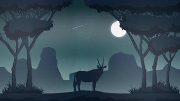 Hand Drawn Flat Silhouette Landscape at Night with Moose Staring at Moon vector