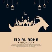 diseño eid al adha de estilo plano con mezquita, linterna y cabra. fondo del festival islámico de mubarak vector