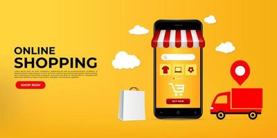 Realistic shopping online design with smartphone. online shopping on websites or mobile applications concepts perfect for marketing, promotion and digital marketing. vector