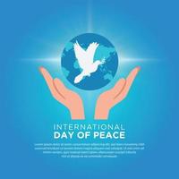 feliz día internacional de la paz con manos, paloma, globo, cielo azul y luz brillante. diseño del día internacional de la paz vector