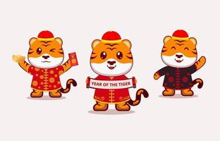 Pack Cute Tiger wearing china costume. Year of the tiger. Happy Chinese New Year with cute tiger vector