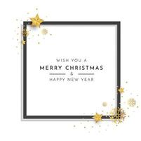 Elegant christmas background with black frame, gold snowflake and gold star. vector