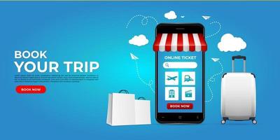 diseño realista de venta de entradas en línea con smartphone. venta de entradas en línea en sitios web o conceptos de aplicaciones móviles perfectos para marketing, promoción y marketing digital. billete de reserva en línea vector