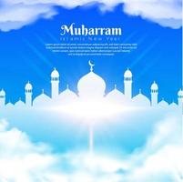 Happy Islamic new year design with blue sky, realistic cloud, mosque, and shinny light. vector