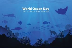 Let's save our oceans. World oceans day design with underwater ocean, dolphin, shark, coral, sea plants, stingray and turtle vector