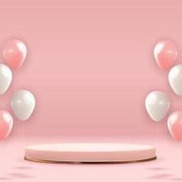 Rose gold pedestal over pink pastel natural background with balloons. Trendy empty podium display for cosmetic product presentation, fashion magazine. Copy space vector illustration