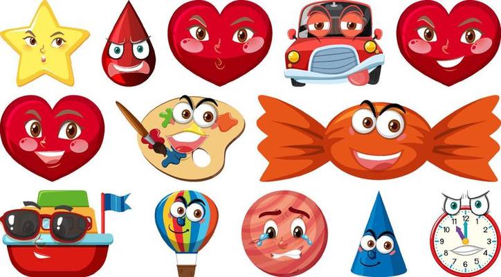 Set of different toy objects with faces