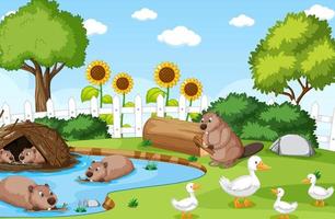 Nature scene with beavers and ducks vector