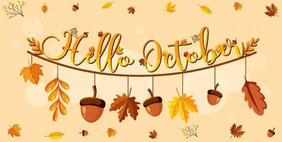 Hello October logo with ornamental autumn leaf vector