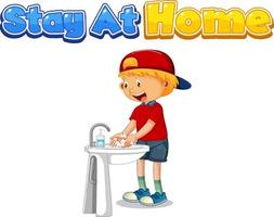 Stay At Home font design with a boy washing his hands on white background vector