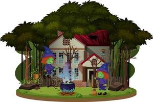 Witch riding a broom in front of haunted house in the woods vector