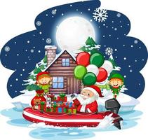 Snowy night with Santa Claus and gift boxes on a boat vector