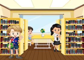 escena de la biblioteca escolar con niños felices vector