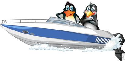 Penguins on a speed boat in cartoon style vector